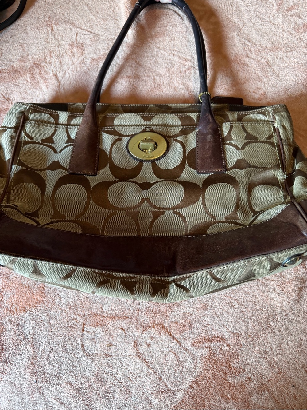 Coach Olive and Brown Signature Satchel with Turn-Lock